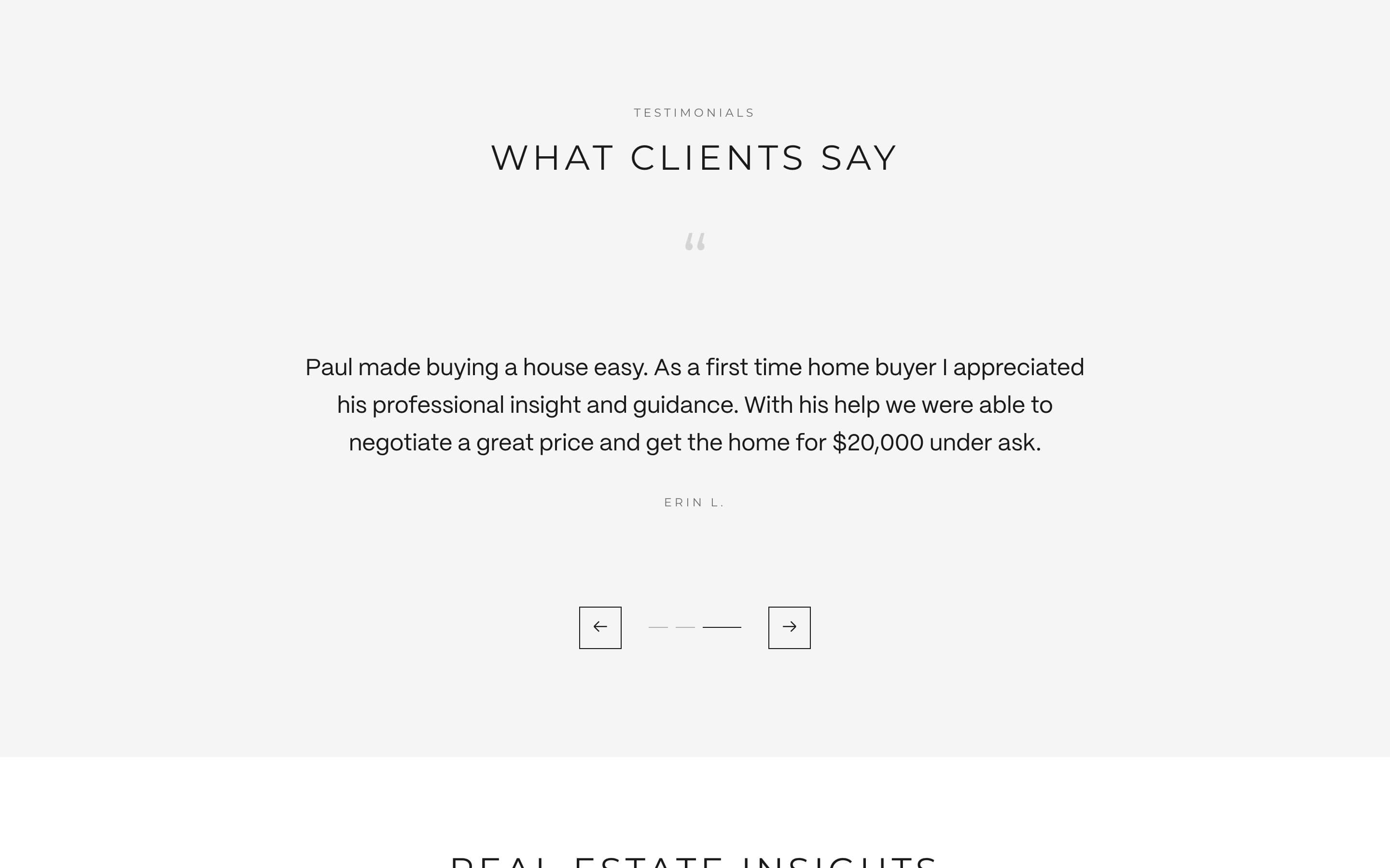 Client testimonial slider titled What Clients Say