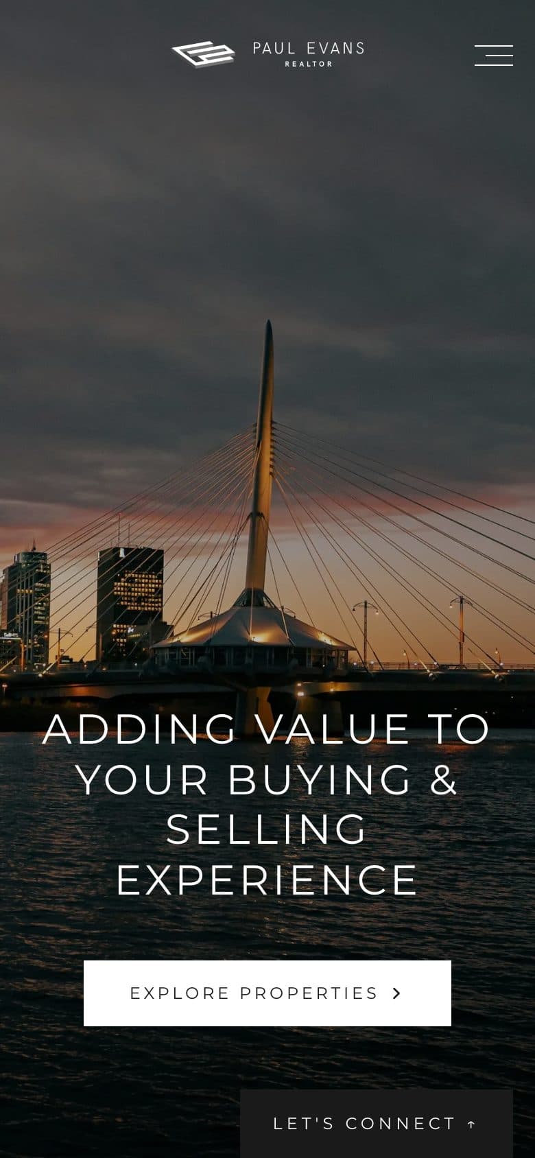 Mobile homepage with the Winnipeg skyline hero