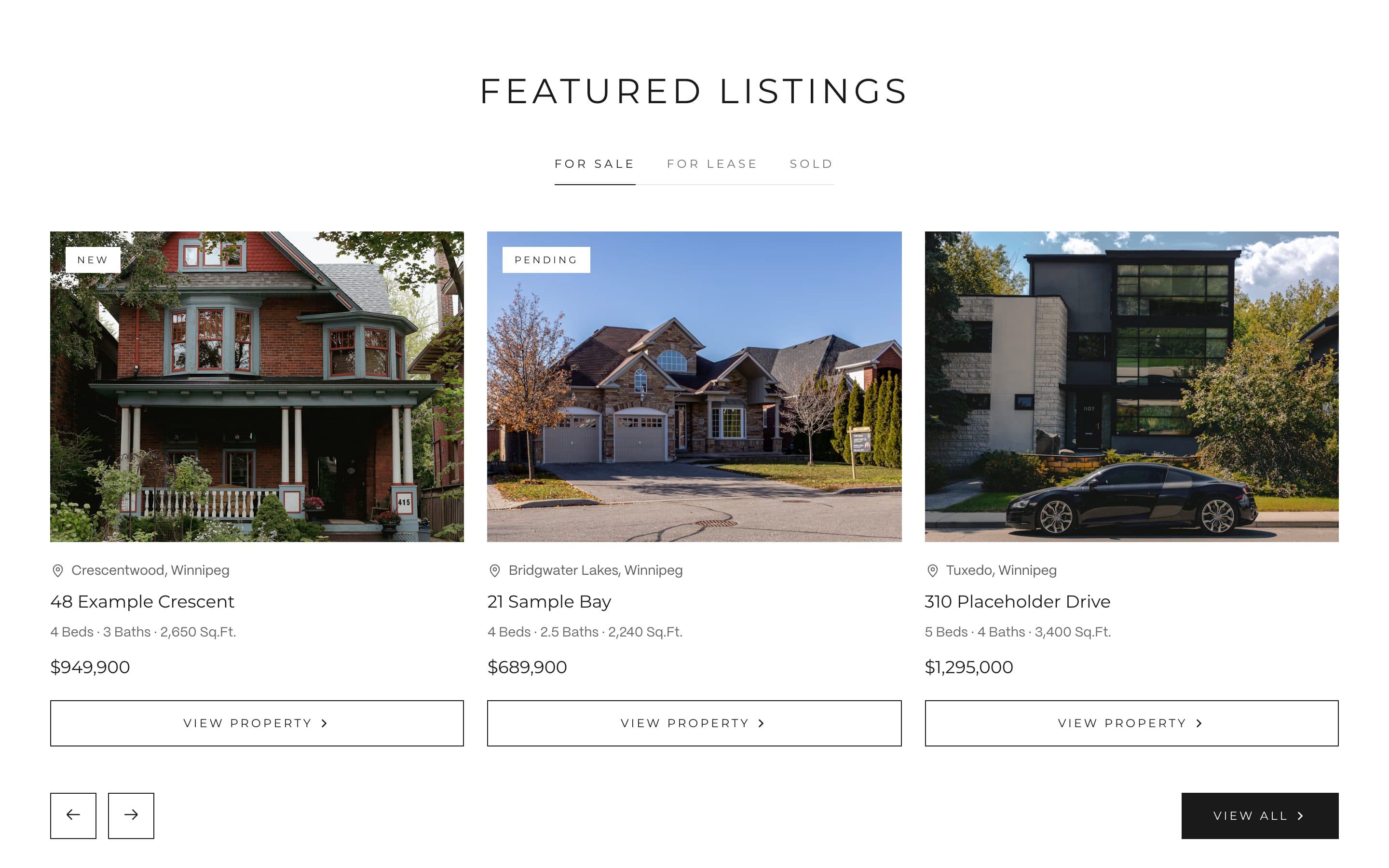 Featured listings carousel with for sale, for lease and sold tabs